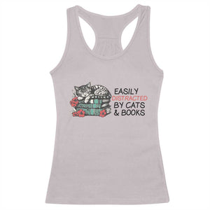 Easily Distracted By Cats And Books Racerback Tank Top Lazy Kitty Book Lover TS12 Ice Gray Print Your Wear