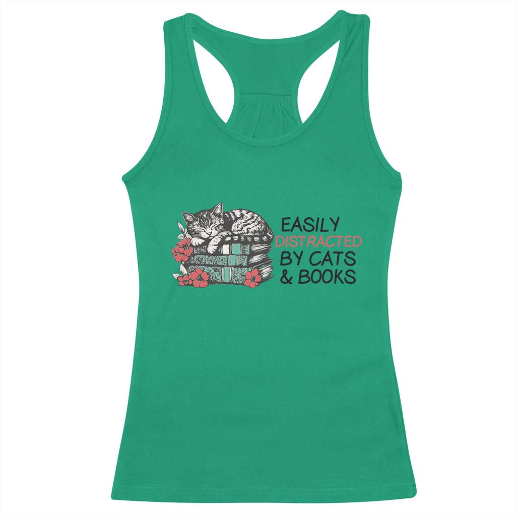 Easily Distracted By Cats And Books Racerback Tank Top Lazy Kitty Book Lover TS12 Irish Green Print Your Wear