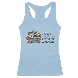 Easily Distracted By Cats And Books Racerback Tank Top Lazy Kitty Book Lover TS12 Light Blue Print Your Wear