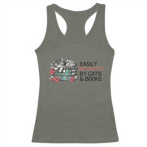 Easily Distracted By Cats And Books Racerback Tank Top Lazy Kitty Book Lover TS12 Military Green Print Your Wear