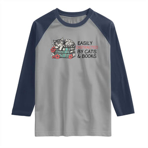 Easily Distracted By Cats And Books Raglan Shirt Lazy Kitty Book Lover TS12 Sport Gray Navy Print Your Wear