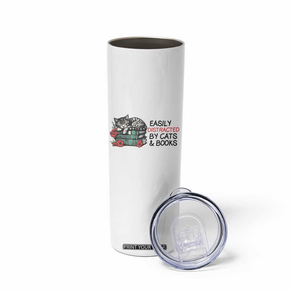 Easily Distracted By Cats And Books Skinny Tumbler Lazy Kitty Book Lover TS12 Print Your Wear