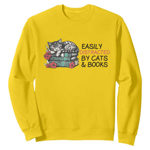 Easily Distracted By Cats And Books Sweatshirt Lazy Kitty Book Lover TS12 Daisy Print Your Wear