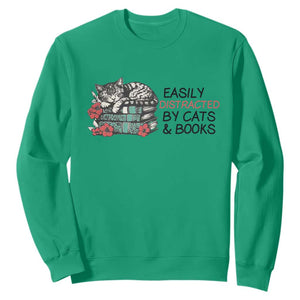 Easily Distracted By Cats And Books Sweatshirt Lazy Kitty Book Lover TS12 Irish Green Print Your Wear