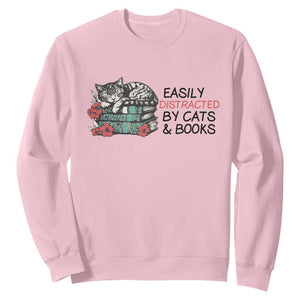 Easily Distracted By Cats And Books Sweatshirt Lazy Kitty Book Lover TS12 Light Pink Print Your Wear