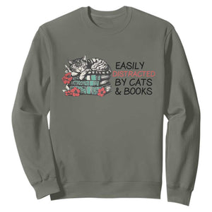 Easily Distracted By Cats And Books Sweatshirt Lazy Kitty Book Lover TS12 Military Green Print Your Wear