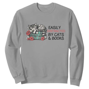 Easily Distracted By Cats And Books Sweatshirt Lazy Kitty Book Lover TS12 Sport Gray Print Your Wear