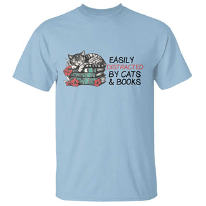 Easily Distracted By Cats And Books T Shirt Lazy Kitty Book Lover TS12 Light Blue Print Your Wear