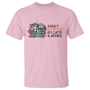 Easily Distracted By Cats And Books T Shirt Lazy Kitty Book Lover TS12 Light Pink Print Your Wear