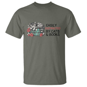 Easily Distracted By Cats And Books T Shirt Lazy Kitty Book Lover TS12 Military Green Print Your Wear