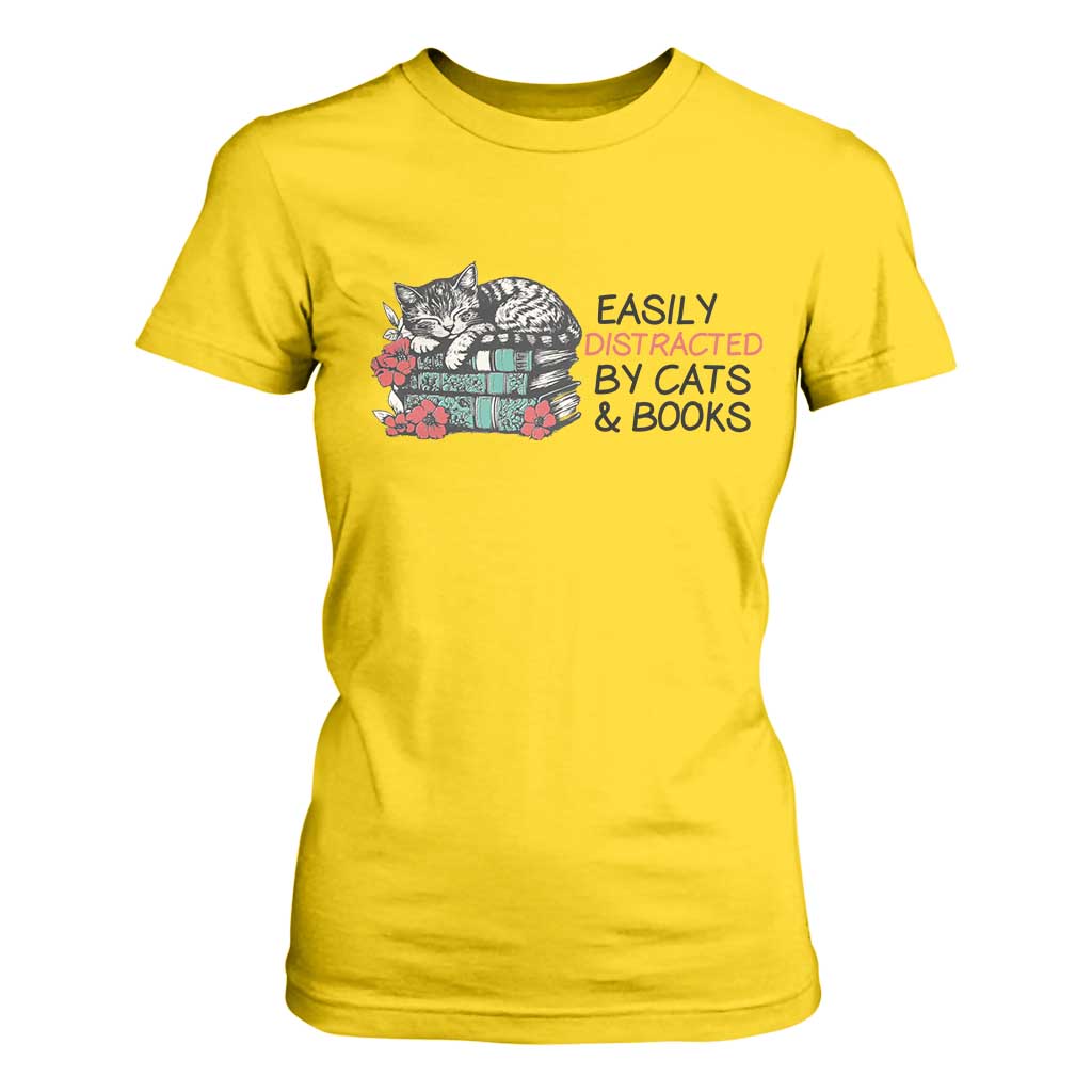 Easily Distracted By Cats And Books T Shirt For Women Lazy Kitty Book Lover TS12 Daisy Print Your Wear