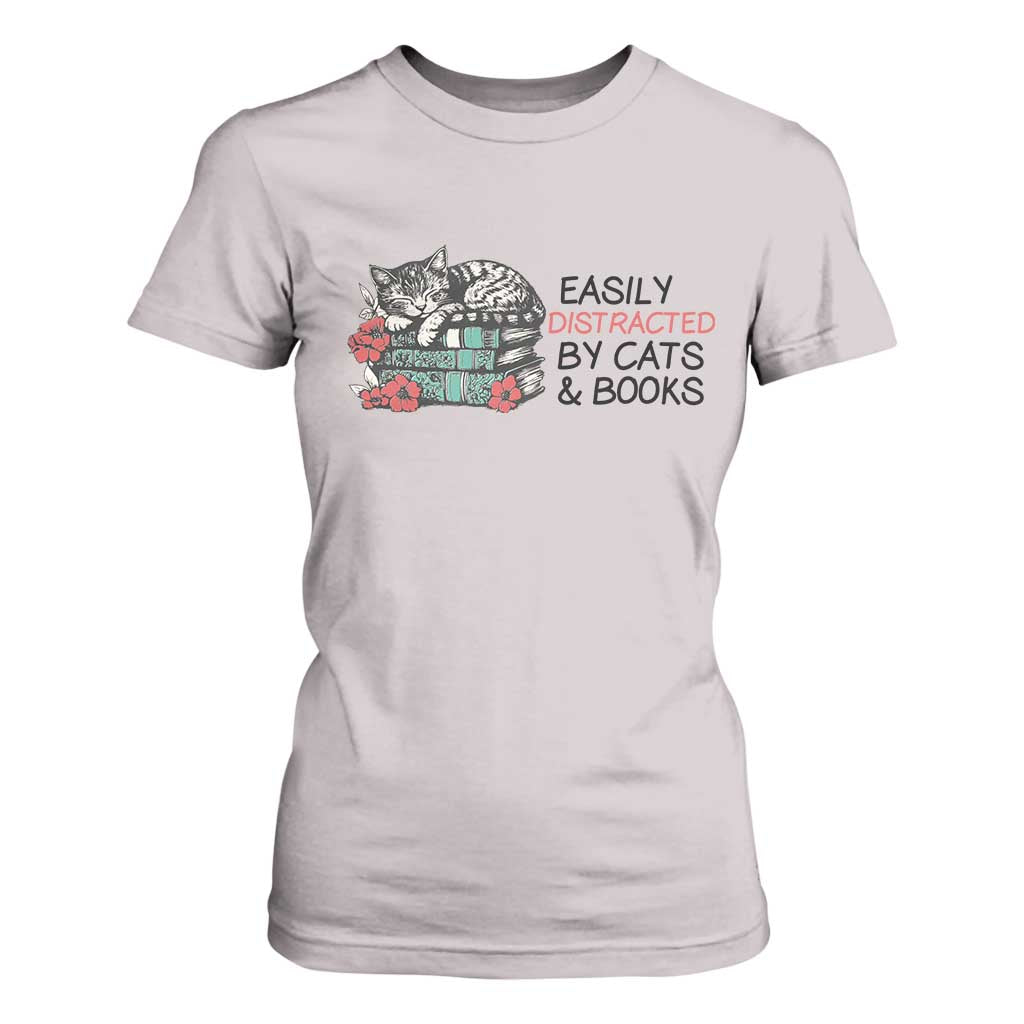 Easily Distracted By Cats And Books T Shirt For Women Lazy Kitty Book Lover TS12 Ice Gray Print Your Wear