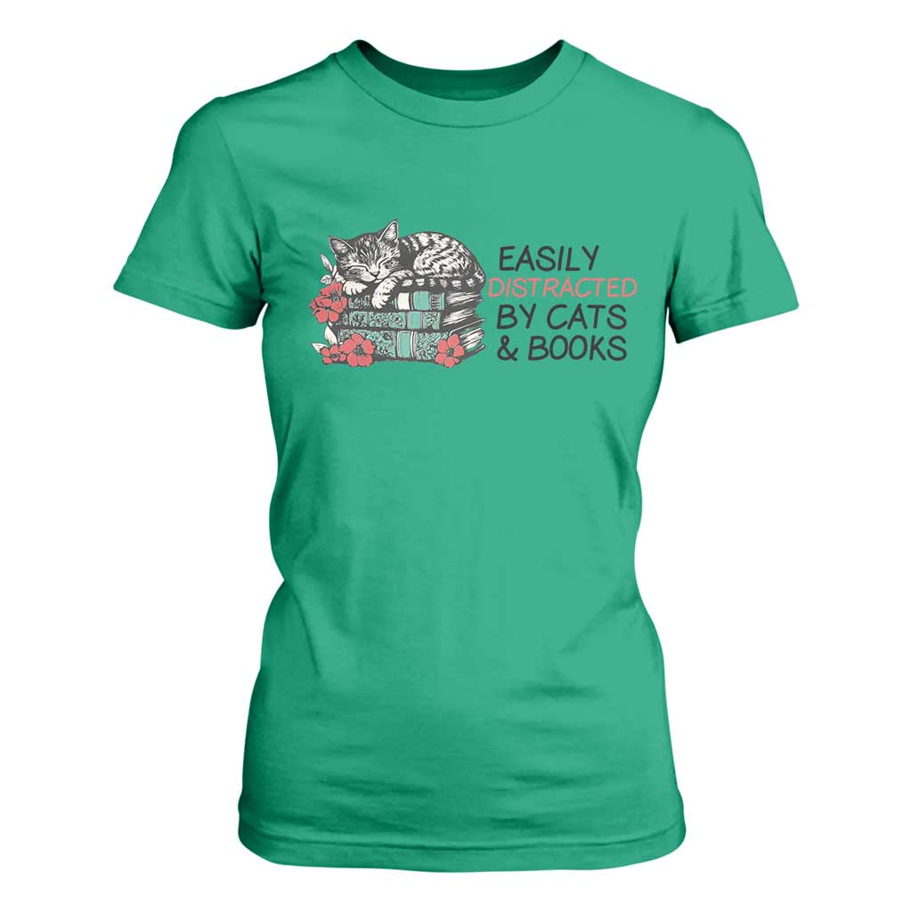 Easily Distracted By Cats And Books T Shirt For Women Lazy Kitty Book Lover TS12 Irish Green Print Your Wear