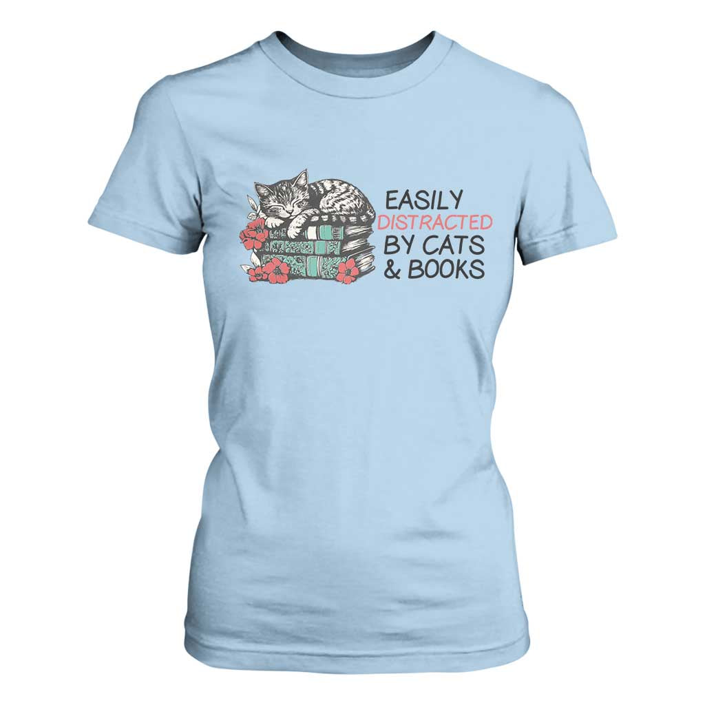 Easily Distracted By Cats And Books T Shirt For Women Lazy Kitty Book Lover TS12 Light Blue Print Your Wear