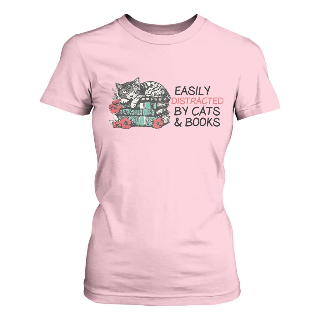 Easily Distracted By Cats And Books T Shirt For Women Lazy Kitty Book Lover TS12 Light Pink Print Your Wear