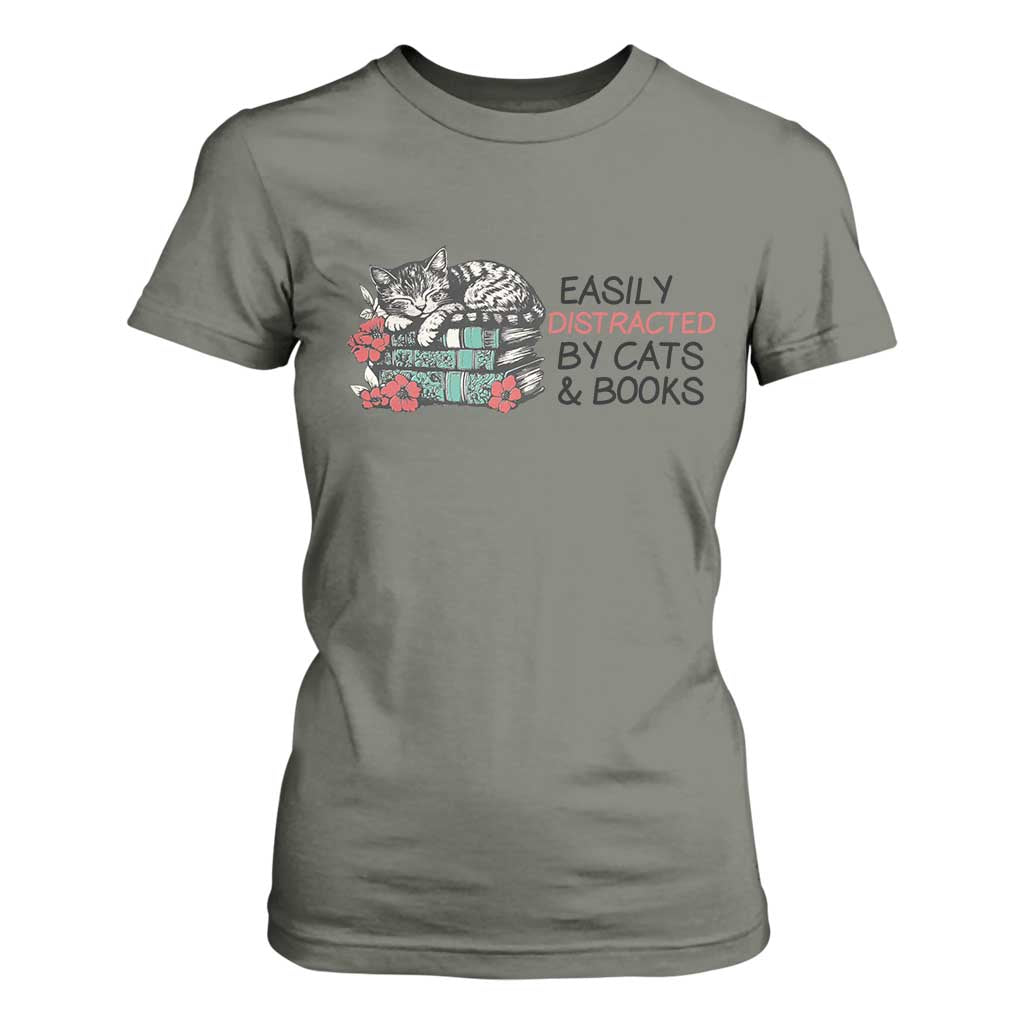 Easily Distracted By Cats And Books T Shirt For Women Lazy Kitty Book Lover TS12 Military Green Print Your Wear