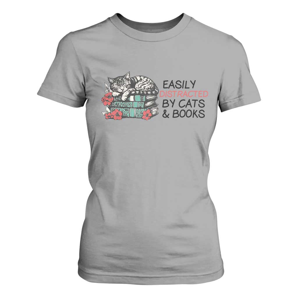Easily Distracted By Cats And Books T Shirt For Women Lazy Kitty Book Lover TS12 Sport Gray Print Your Wear