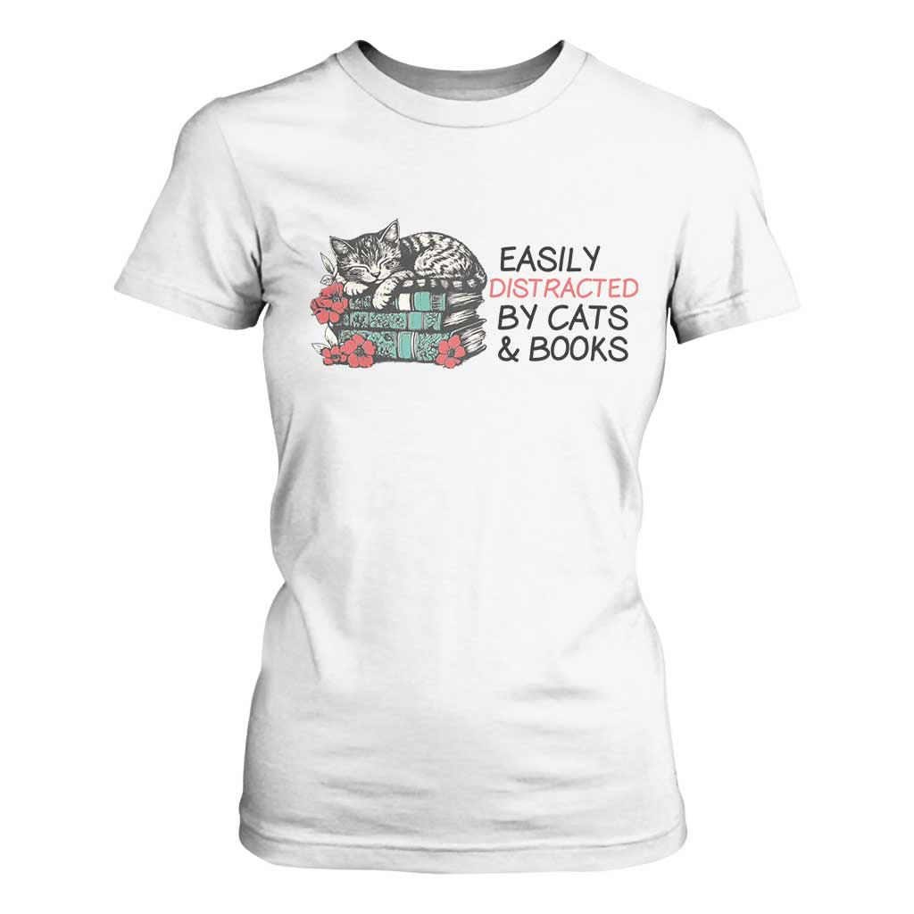 Easily Distracted By Cats And Books T Shirt For Women Lazy Kitty Book Lover TS12 White Print Your Wear