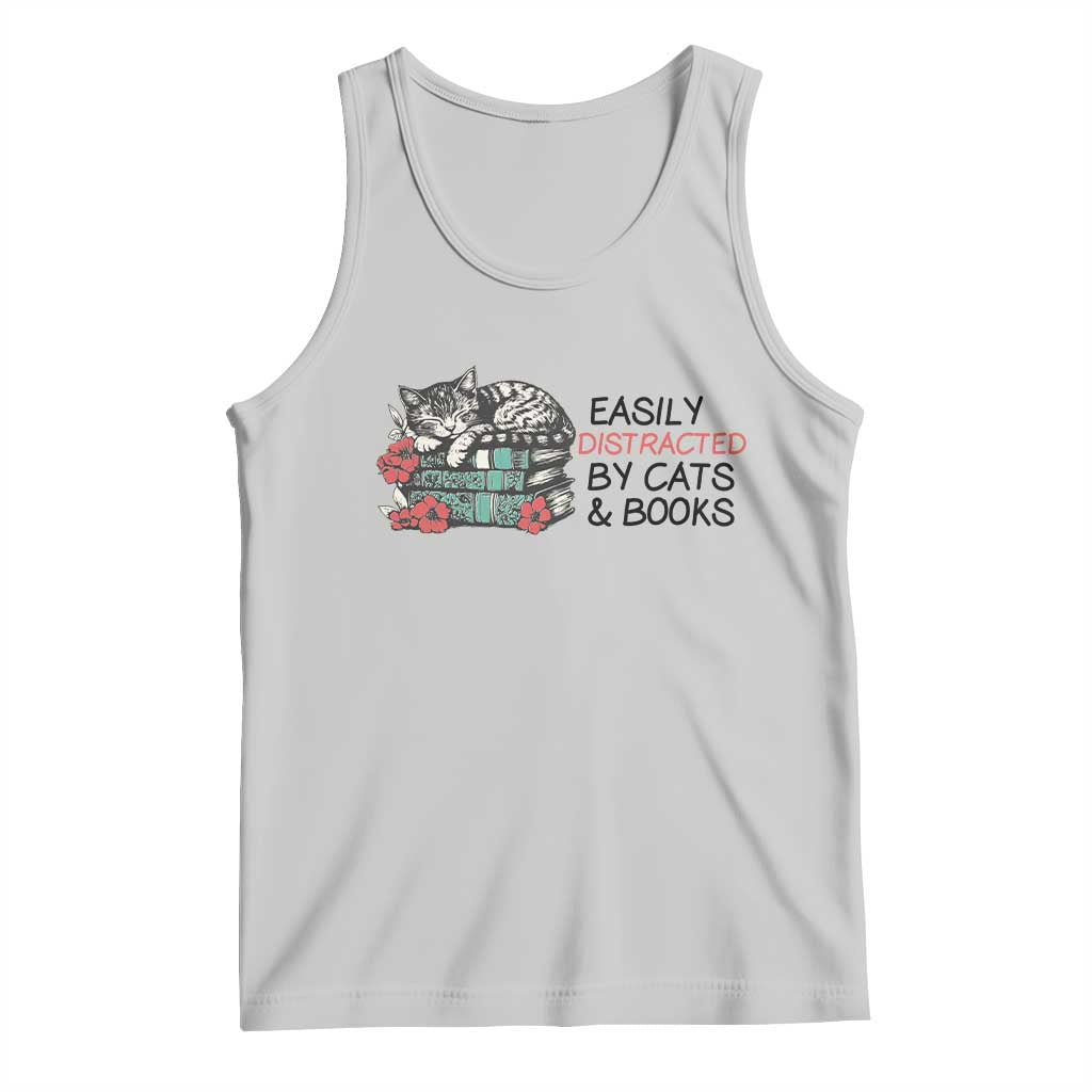 Easily Distracted By Cats And Books Tank Top Lazy Kitty Book Lover TS12 Ash Print Your Wear