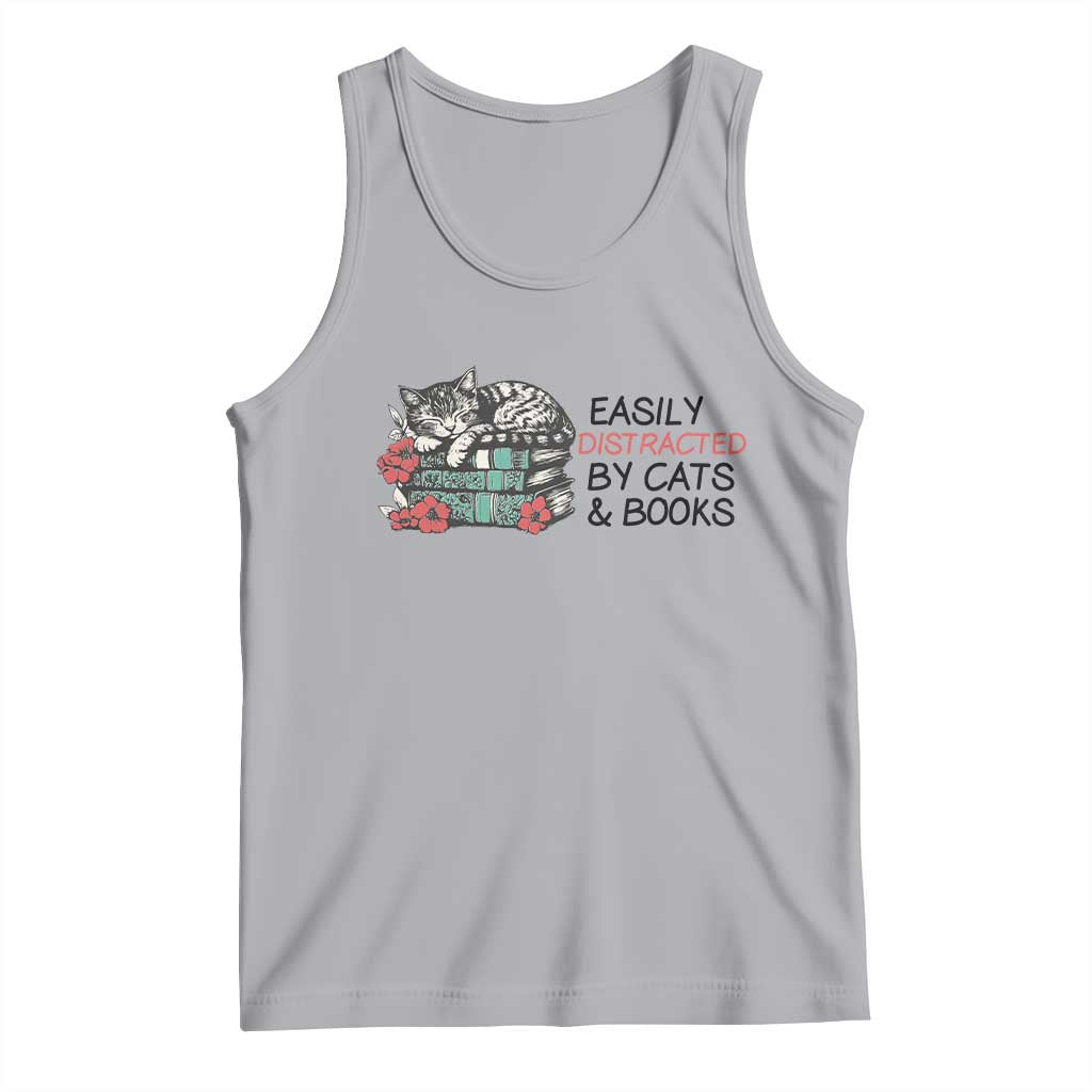 Easily Distracted By Cats And Books Tank Top Lazy Kitty Book Lover TS12 Athletic Heather Print Your Wear
