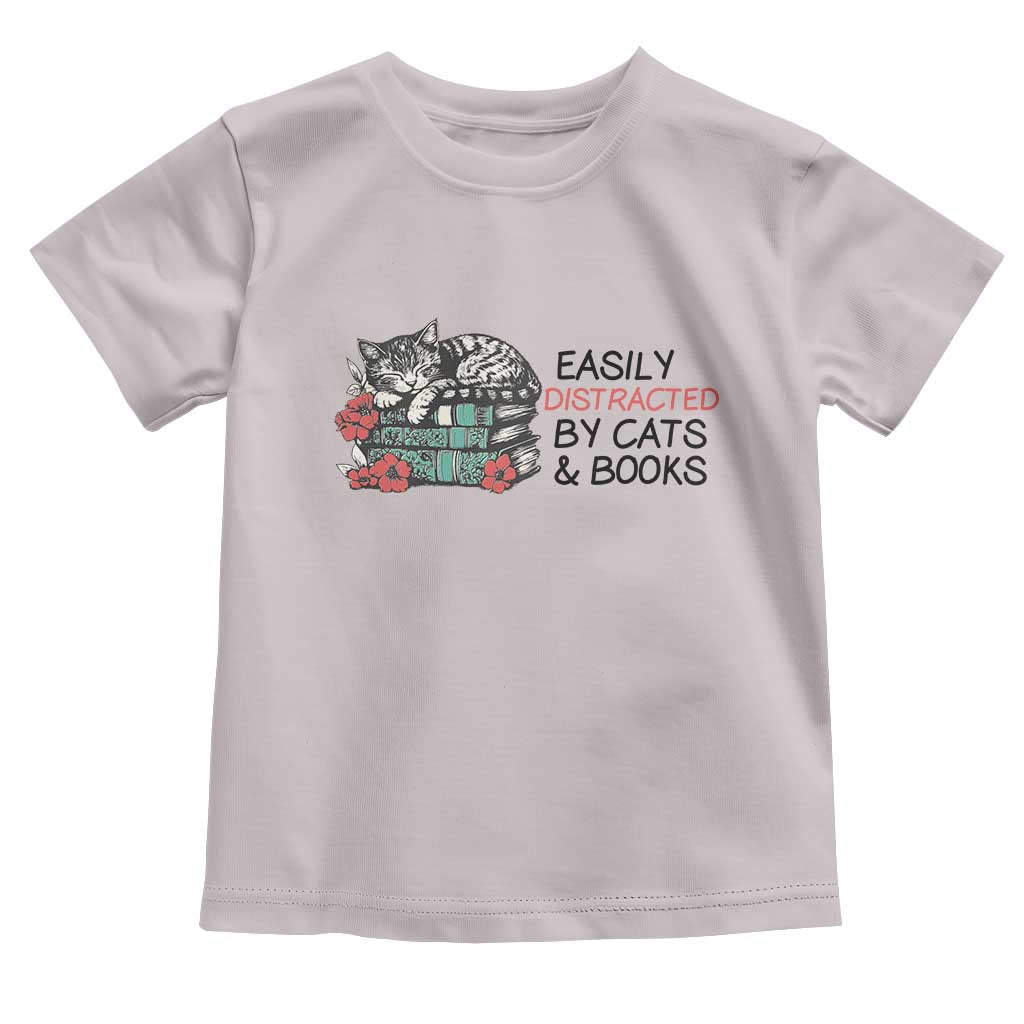 Easily Distracted By Cats And Books Toddler T Shirt Lazy Kitty Book Lover TS12 Ice Gray Print Your Wear