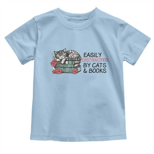 Easily Distracted By Cats And Books Toddler T Shirt Lazy Kitty Book Lover TS12 Light Blue Print Your Wear