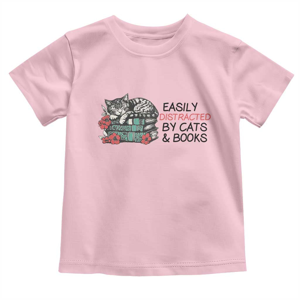 Easily Distracted By Cats And Books Toddler T Shirt Lazy Kitty Book Lover TS12 Light Pink Print Your Wear