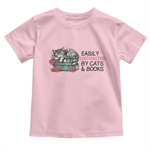 Easily Distracted By Cats And Books Toddler T Shirt Lazy Kitty Book Lover TS12 Light Pink Print Your Wear