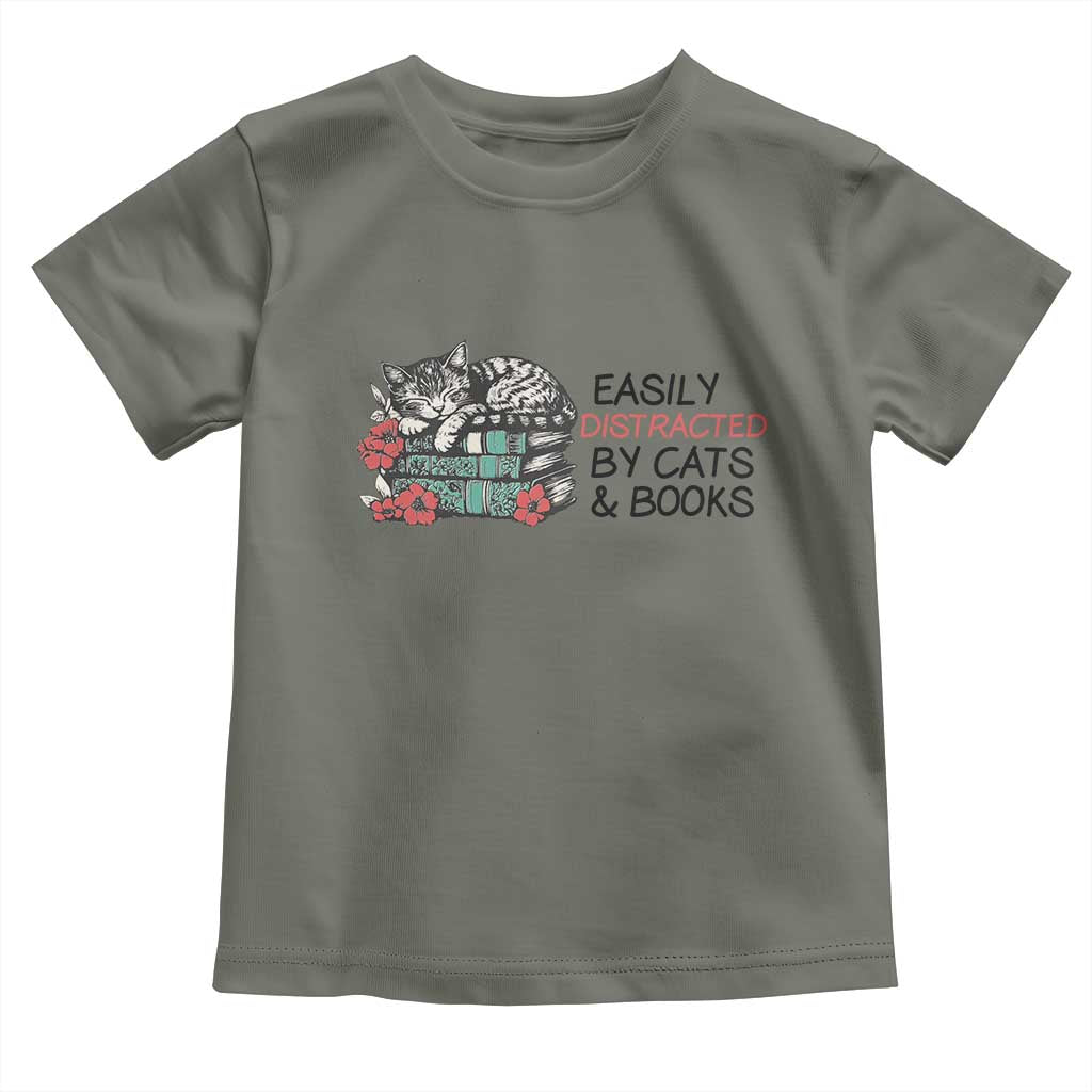 Easily Distracted By Cats And Books Toddler T Shirt Lazy Kitty Book Lover TS12 Military Green Print Your Wear