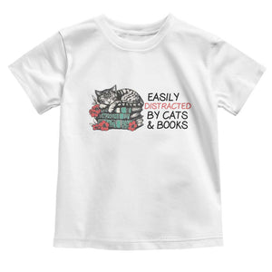 Easily Distracted By Cats And Books Toddler T Shirt Lazy Kitty Book Lover TS12 White Print Your Wear