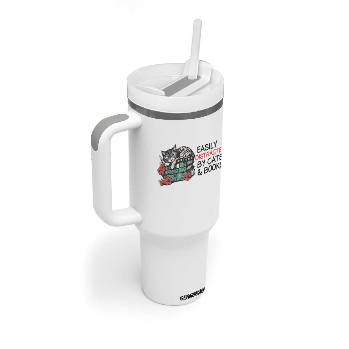 Easily Distracted By Cats And Books Tumbler With Handle Lazy Kitty Book Lover TS12 Print Your Wear