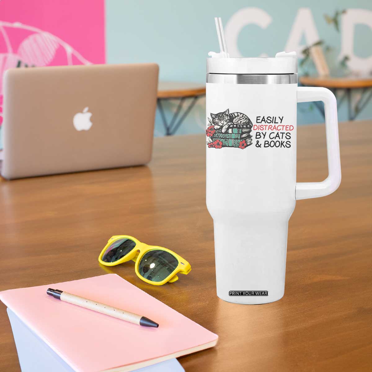 Easily Distracted By Cats And Books Tumbler With Handle Lazy Kitty Book Lover TS12 Print Your Wear