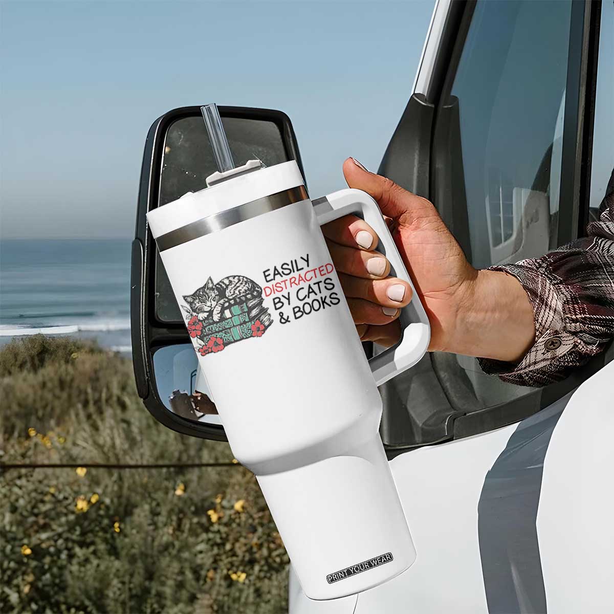 Easily Distracted By Cats And Books Tumbler With Handle Lazy Kitty Book Lover TS12 Print Your Wear