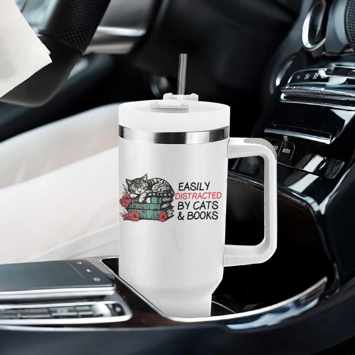 Easily Distracted By Cats And Books Tumbler With Handle Lazy Kitty Book Lover TS12 Print Your Wear