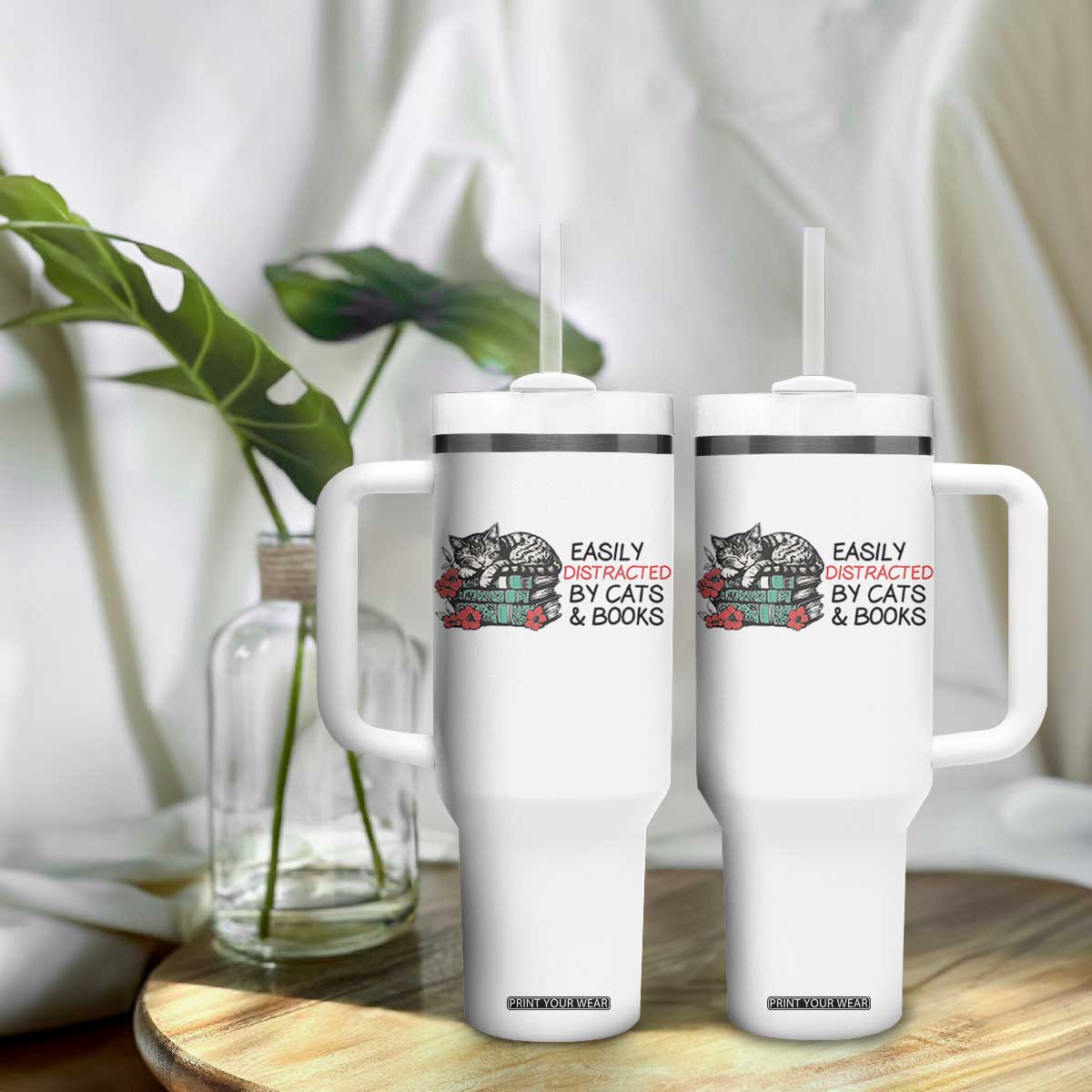 Easily Distracted By Cats And Books Tumbler With Handle Lazy Kitty Book Lover TS12 Print Your Wear