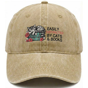 Easily Distracted By Cats And Books Washed Cotton Baseball Cap Lazy Kitty Book Lover TS12 Print Your Wear