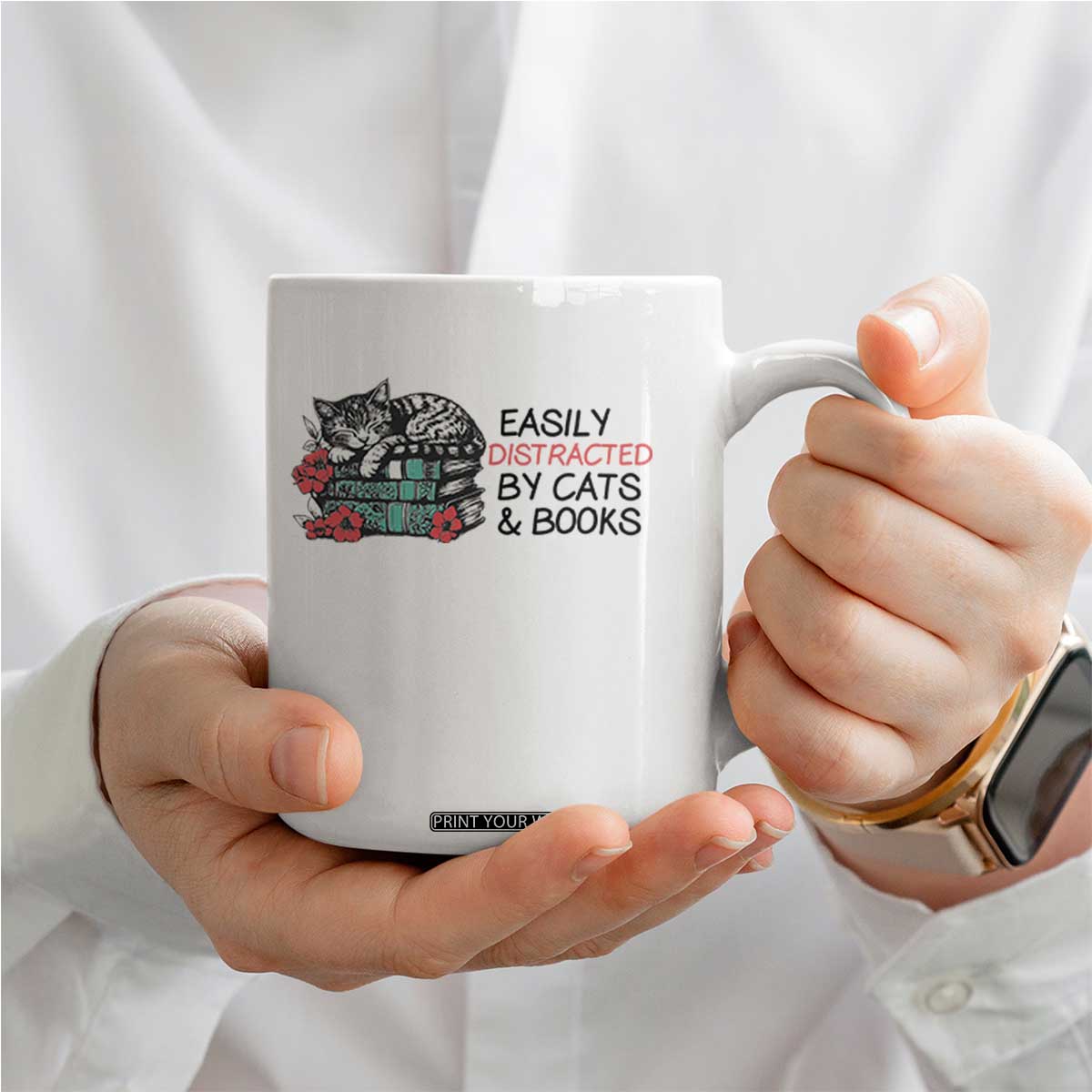 Easily Distracted By Cats And Books Coffee Mug Lazy Kitty Book Lover TS12 Print Your Wear