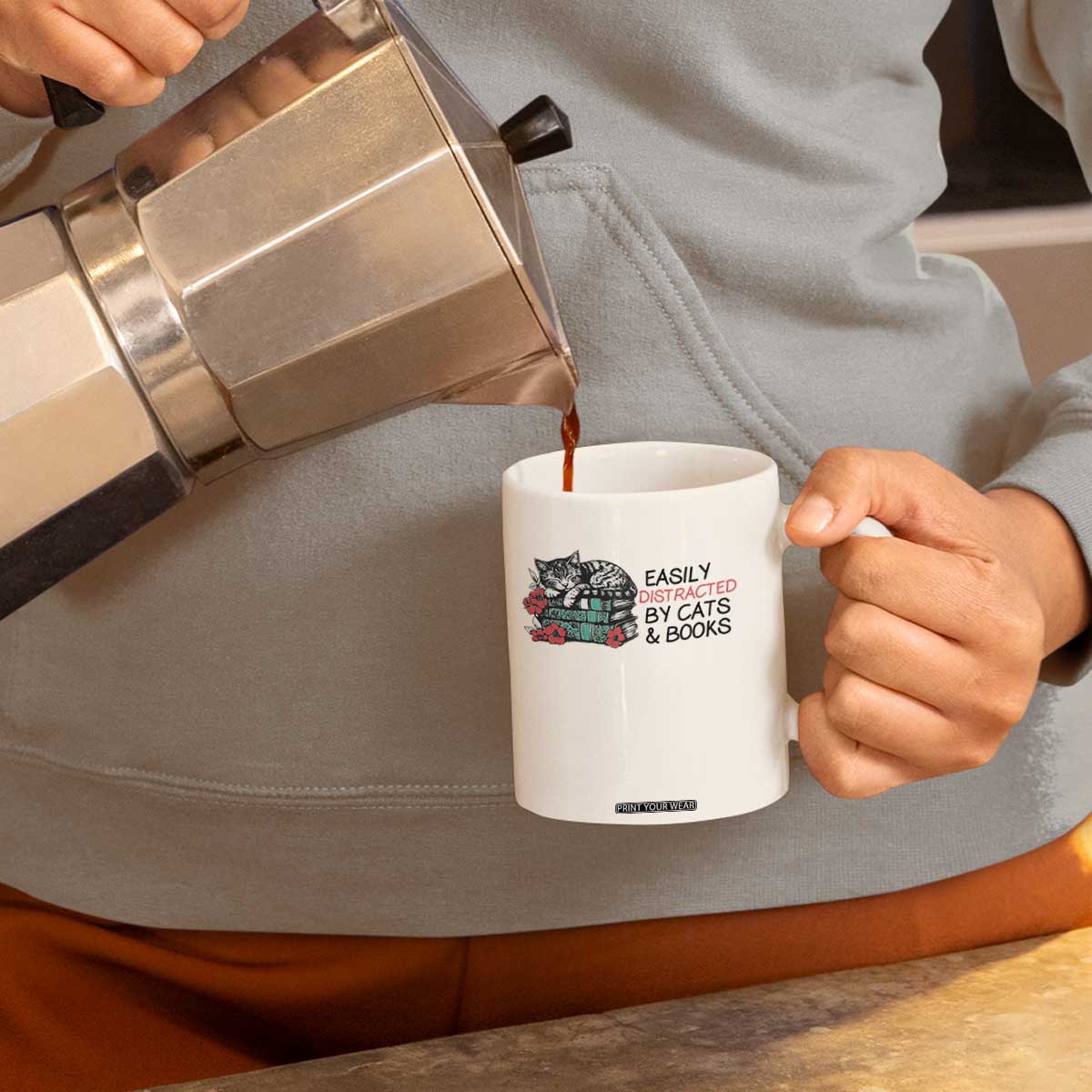Easily Distracted By Cats And Books Coffee Mug Lazy Kitty Book Lover TS12 Print Your Wear