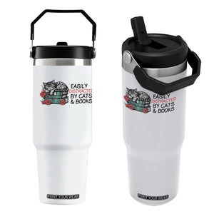 Easily Distracted By Cats And Books Flip Straw Tumbler Lazy Kitty Book Lover TS12 One Size: 30 oz White Print Your Wear