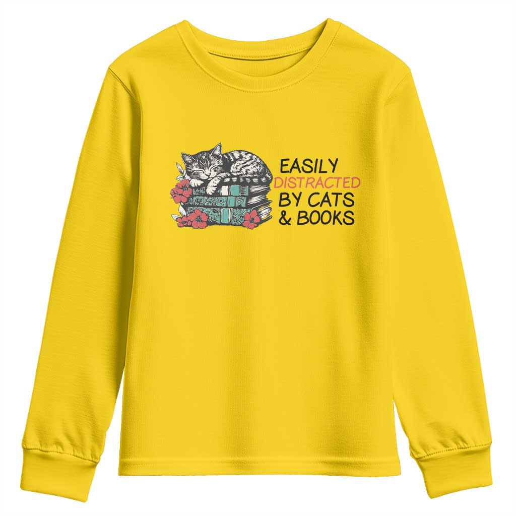 Easily Distracted By Cats And Books Youth Sweatshirt Lazy Kitty Book Lover TS12 Daisy Print Your Wear