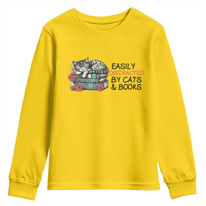 Easily Distracted By Cats And Books Youth Sweatshirt Lazy Kitty Book Lover TS12 Daisy Print Your Wear