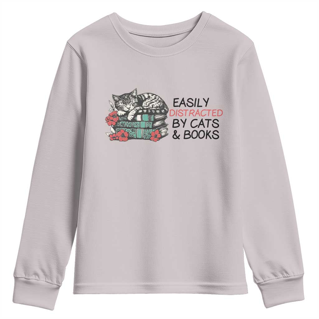 Easily Distracted By Cats And Books Youth Sweatshirt Lazy Kitty Book Lover TS12 Ice Gray Print Your Wear