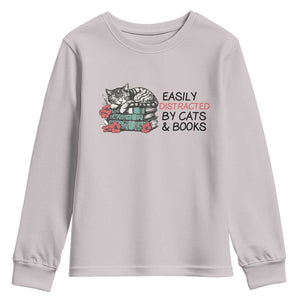 Easily Distracted By Cats And Books Youth Sweatshirt Lazy Kitty Book Lover TS12 Ice Gray Print Your Wear