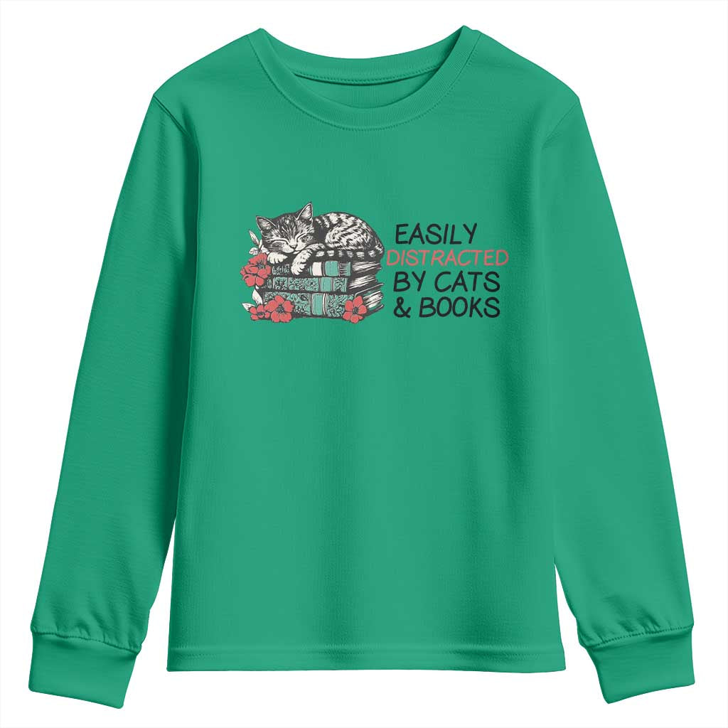 Easily Distracted By Cats And Books Youth Sweatshirt Lazy Kitty Book Lover TS12 Irish Green Print Your Wear