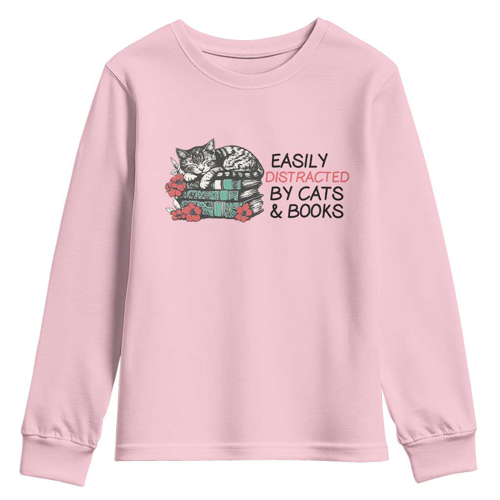 Easily Distracted By Cats And Books Youth Sweatshirt Lazy Kitty Book Lover TS12 Light Pink Print Your Wear