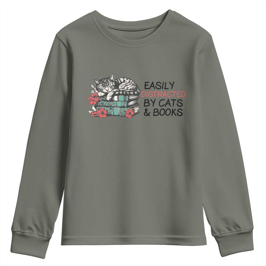 Easily Distracted By Cats And Books Youth Sweatshirt Lazy Kitty Book Lover TS12 Military Green Print Your Wear