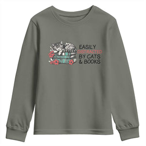 Easily Distracted By Cats And Books Youth Sweatshirt Lazy Kitty Book Lover TS12 Military Green Print Your Wear