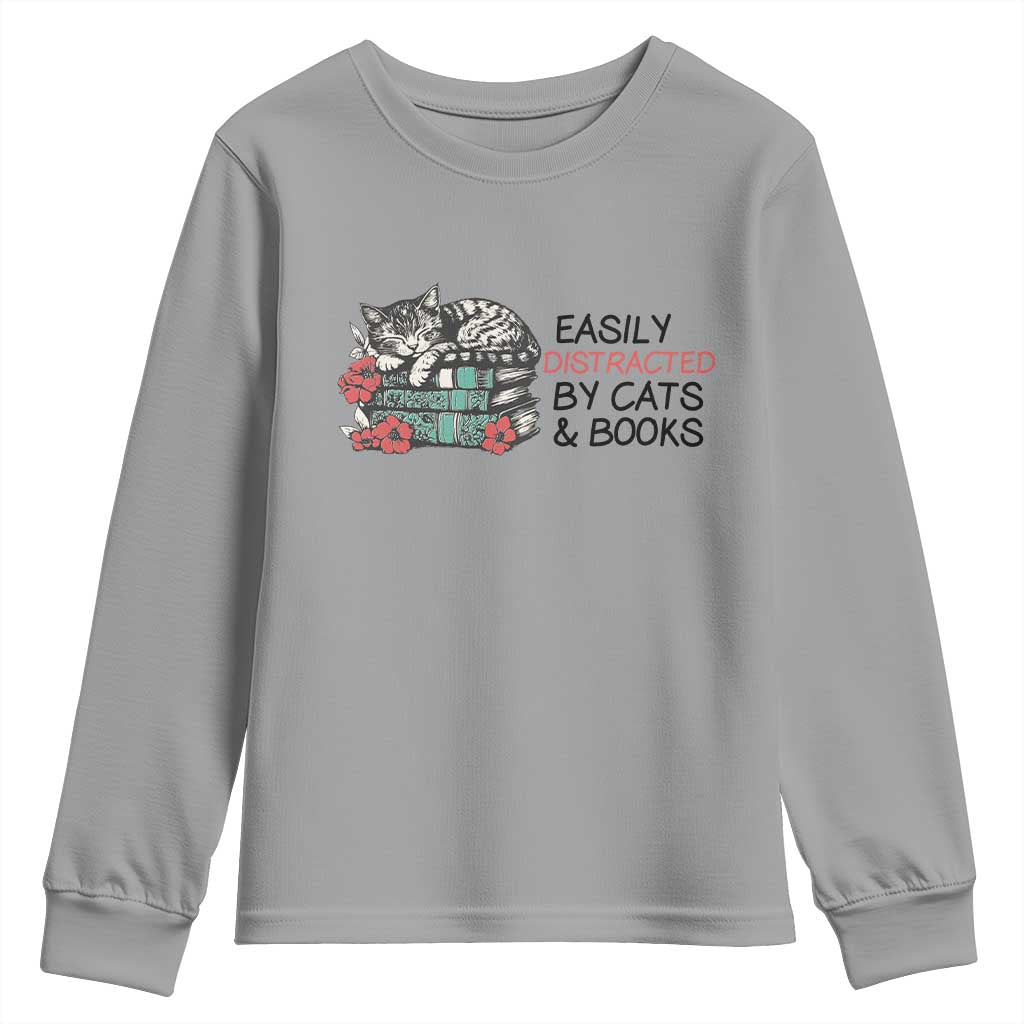 Easily Distracted By Cats And Books Youth Sweatshirt Lazy Kitty Book Lover TS12 Sport Gray Print Your Wear