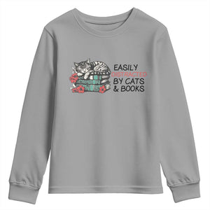 Easily Distracted By Cats And Books Youth Sweatshirt Lazy Kitty Book Lover TS12 Sport Gray Print Your Wear