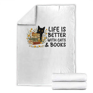 Life Is Better With Cats And Books Throw Blanket Funny Black Cat Book Lover TS12 White Print Your Wear